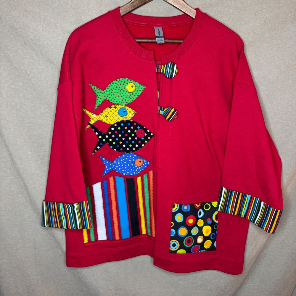 One of a Kind Red Fish Fleece Cardigan Jacket XL Novelty Teacher Funky Whimsy